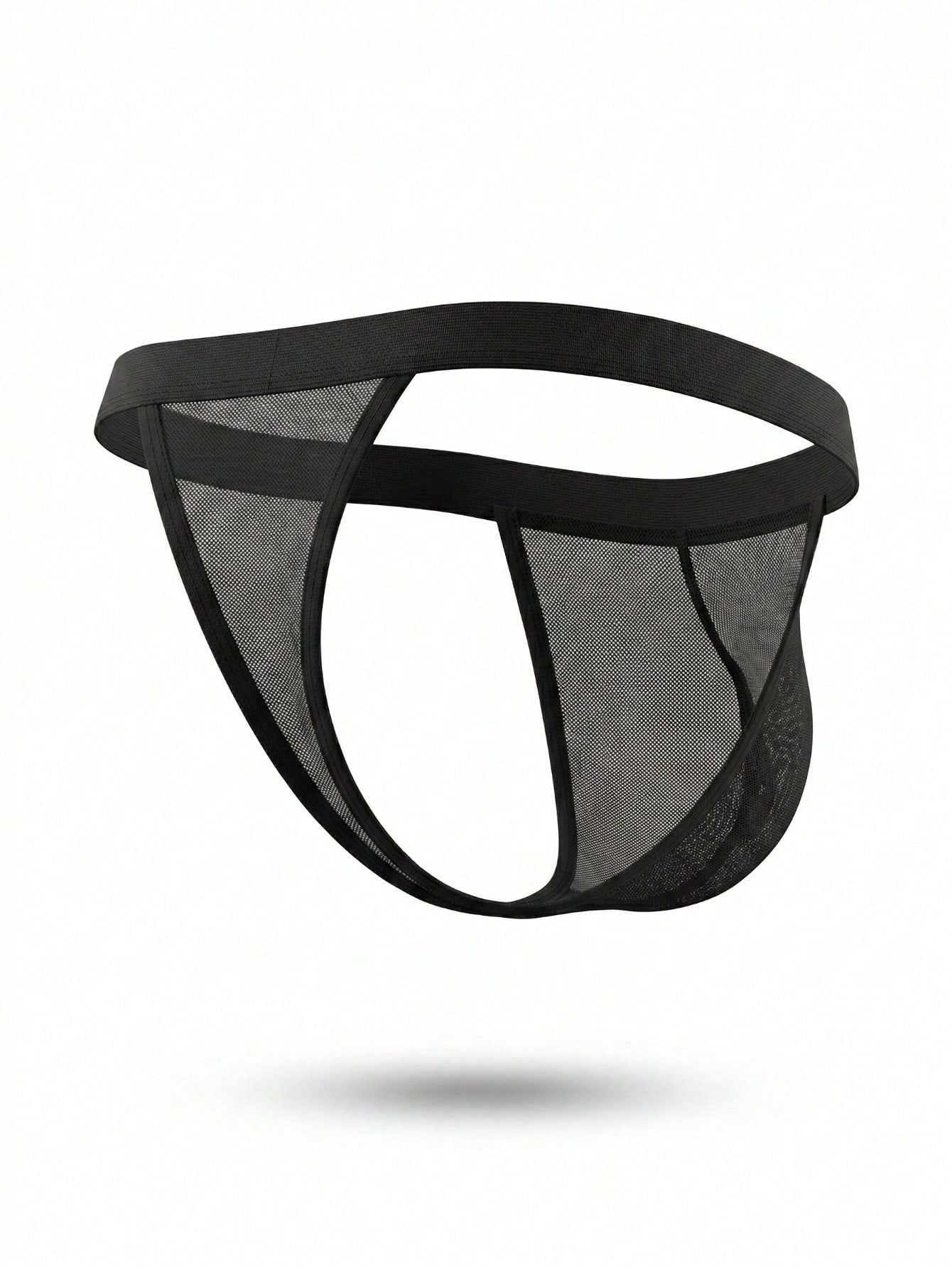 Men's black hollow mesh thong underwear with a scoop neckline, mid-rise fit, and colorblock design