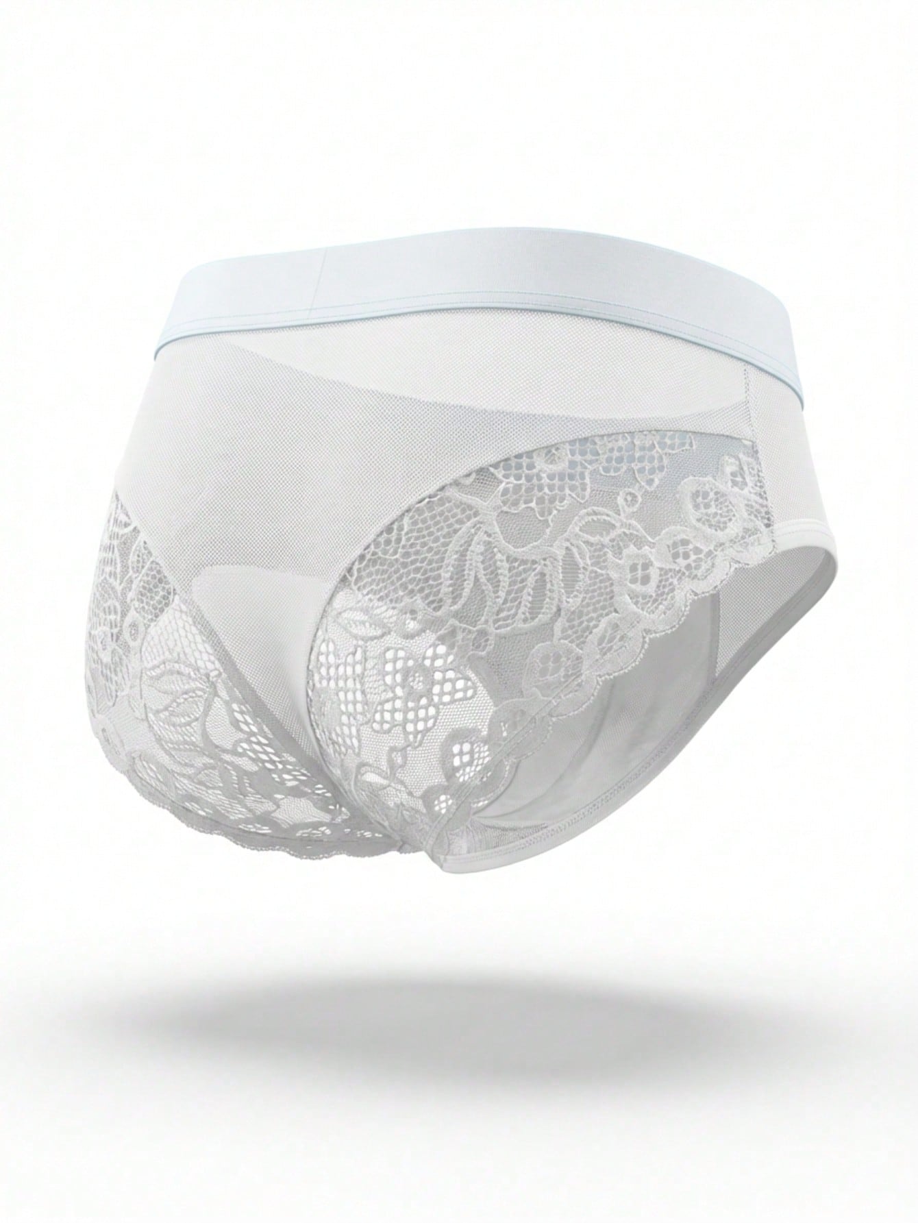 Men's mesh and lace patchwork low-rise briefs with plant pattern and medium-stretch fabric
