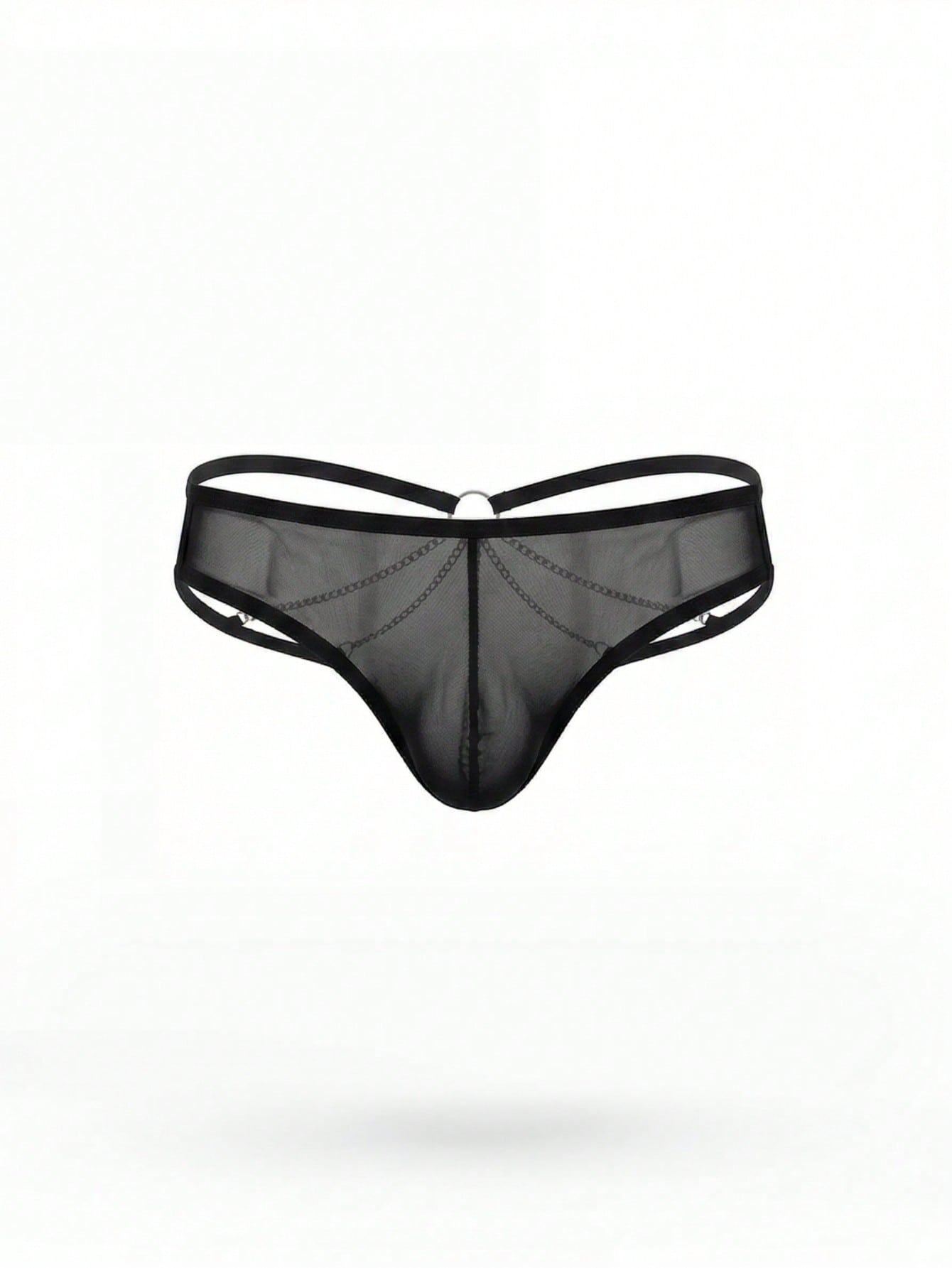 Men's plus size black semi-sheer mesh thong underwear with silver chain decor, low-rise design, shown as intimate underwear.