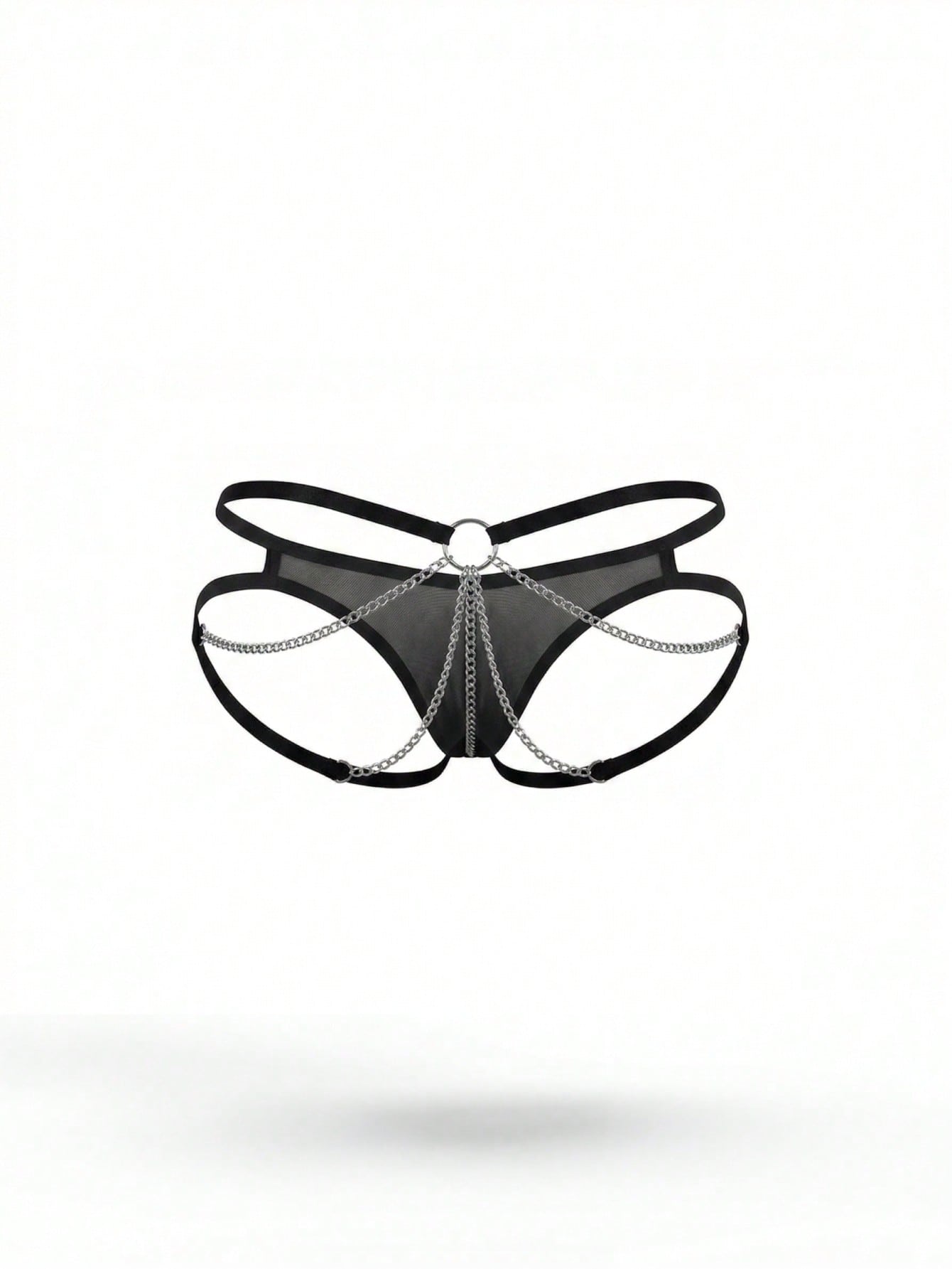 Men's plus size black semi-sheer mesh thong underwear with silver chain decor, low-rise design, shown as intimate underwear.