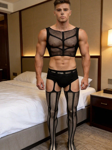 Men's black sheer fishnet lingerie set with short round-neck top and low-rise thong-style bottom in a plain high-stretch knit design