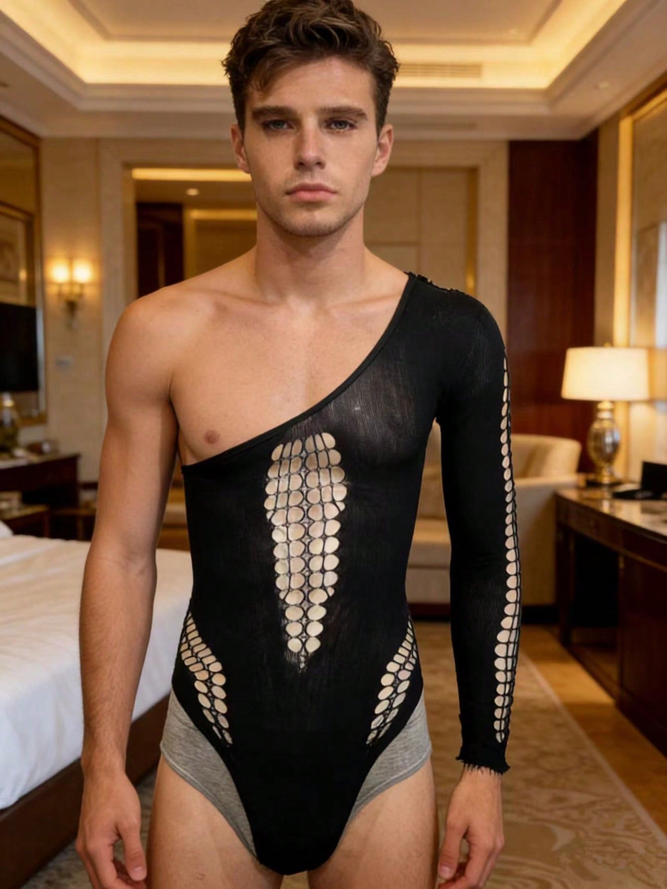 Men's black sheer fishnet jumpsuit with hollow out knit mesh design and thong style
