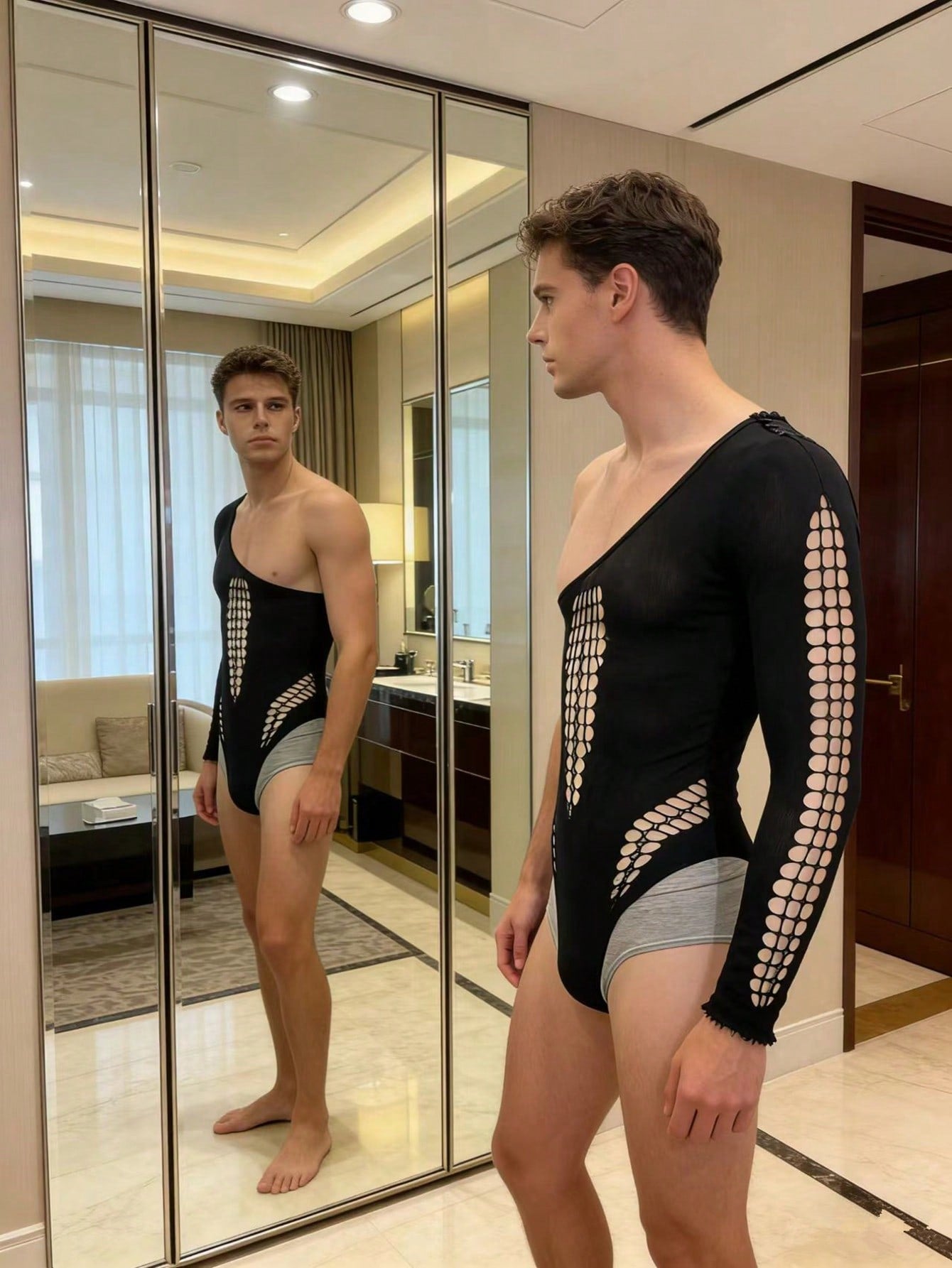 Men's black sheer fishnet jumpsuit with hollow out knit mesh design and thong style
