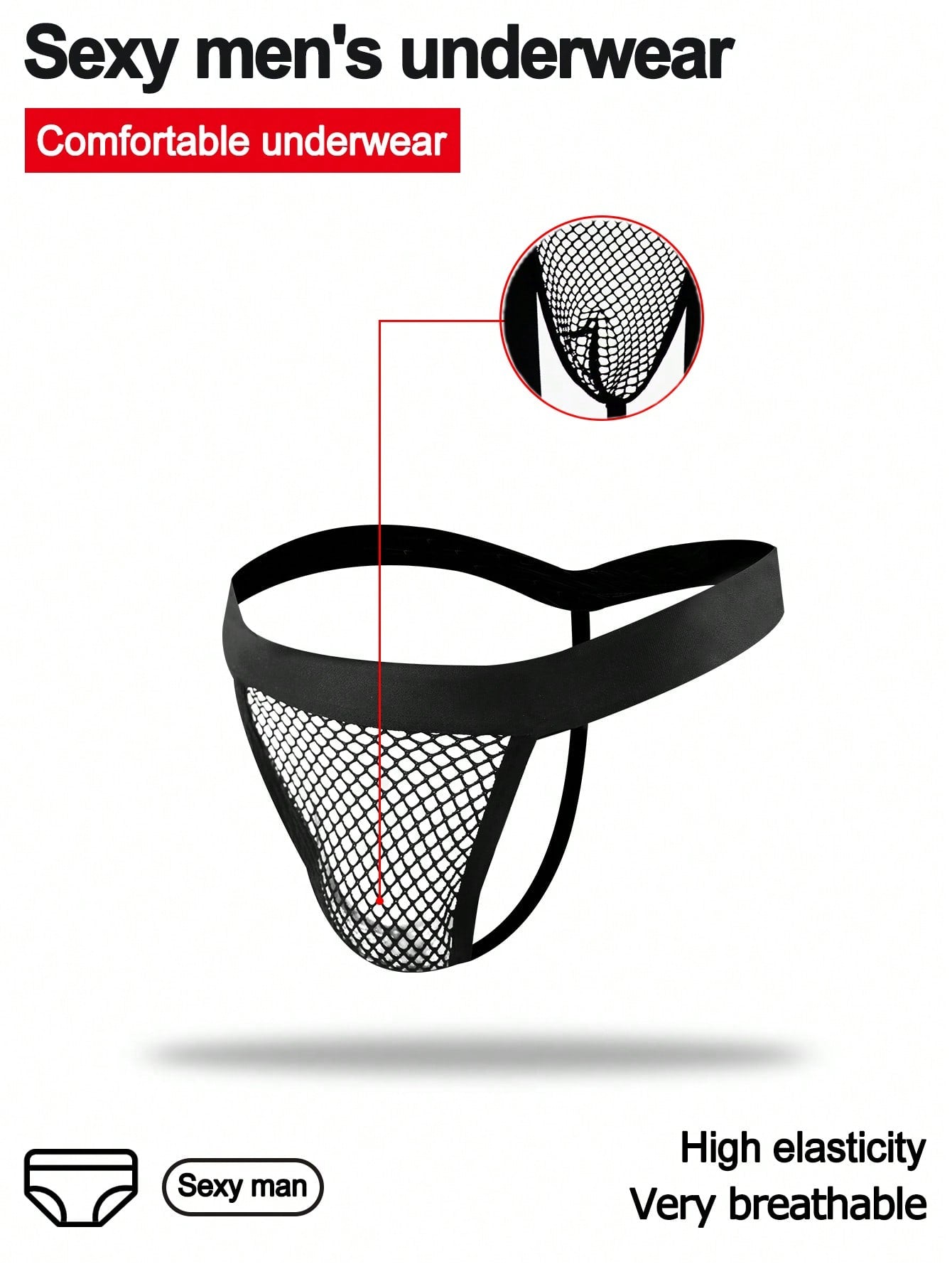 Men's hollow mesh mid-rise thong underwear with a colorblock design