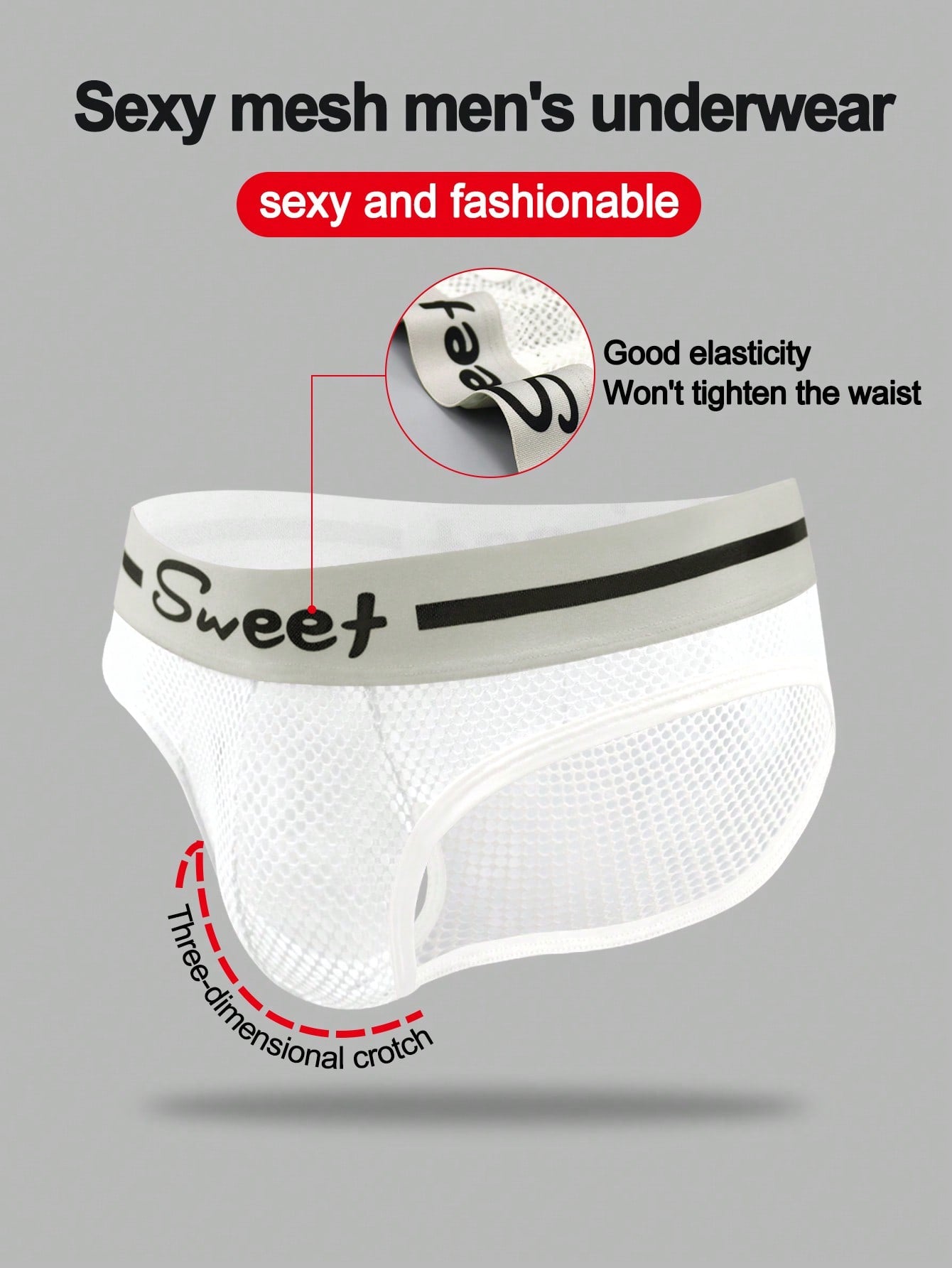 Men's contrast letter print mesh briefs with low-rise cut, tape detail, and contrast binding