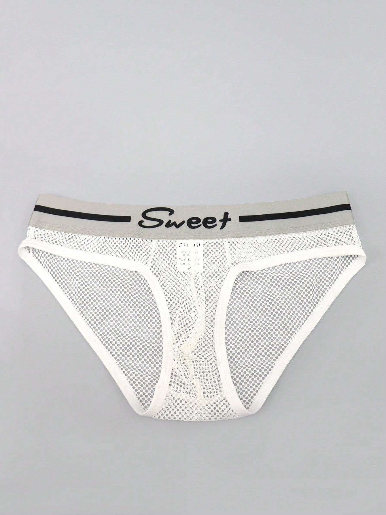 Men's contrast letter print mesh briefs with low-rise cut, tape detail, and contrast binding
