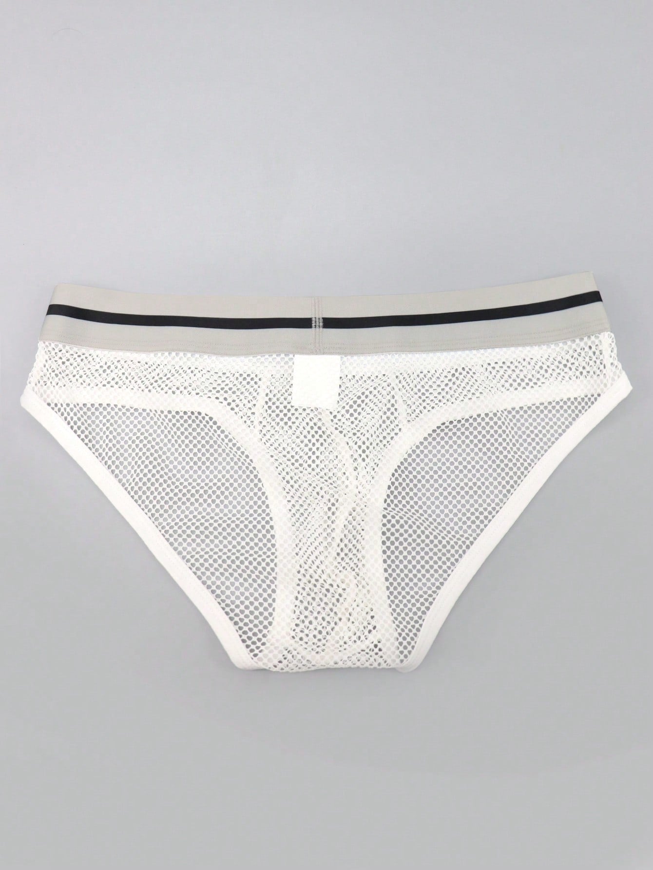 Men's contrast letter print mesh briefs with low-rise cut, tape detail, and contrast binding