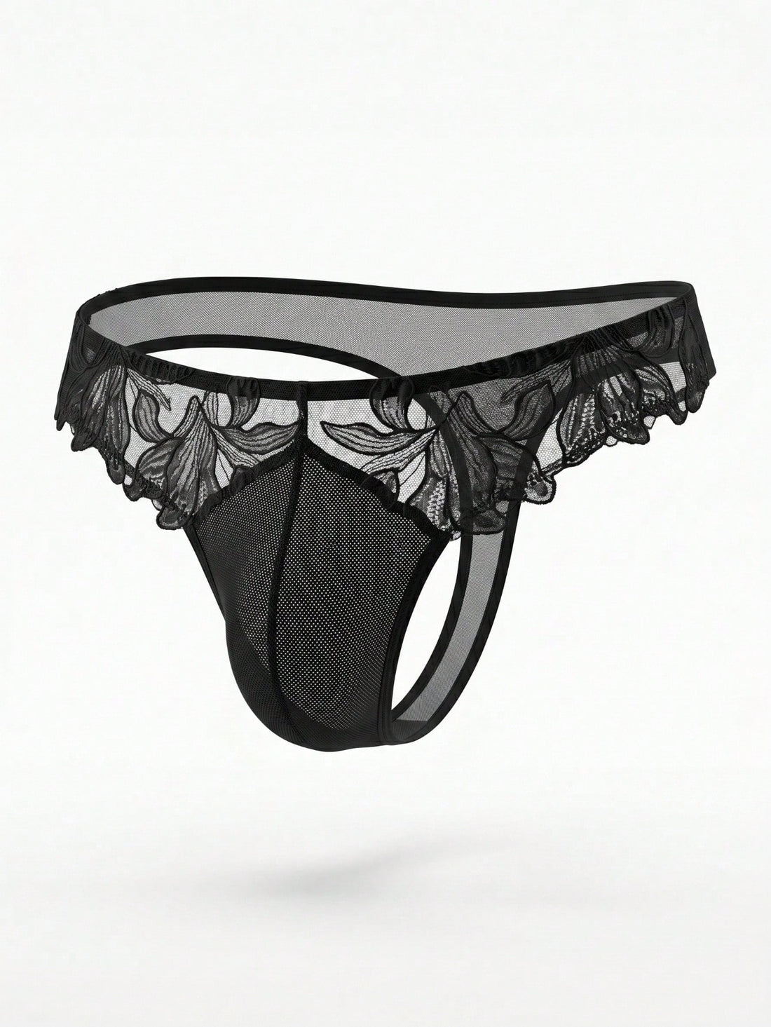 Men's black costume underwear with lace patchwork styling, short length, and regular fit