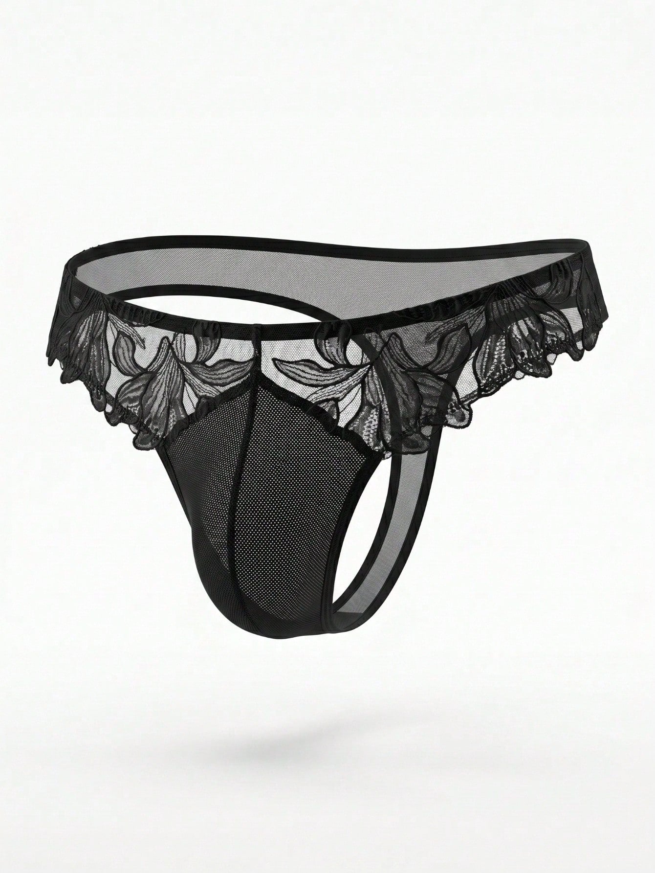 Men's black costume underwear with lace patchwork styling, short length, and regular fit
