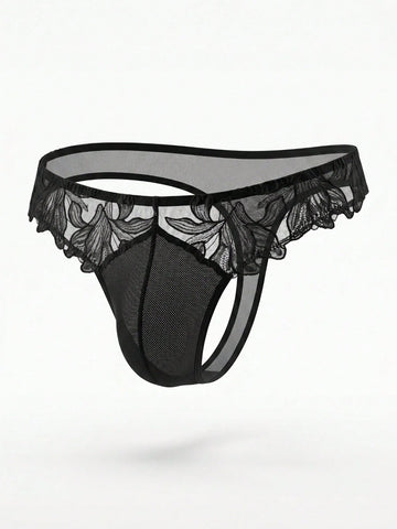 Men's black costume underwear with lace patchwork styling, short length, and regular fit