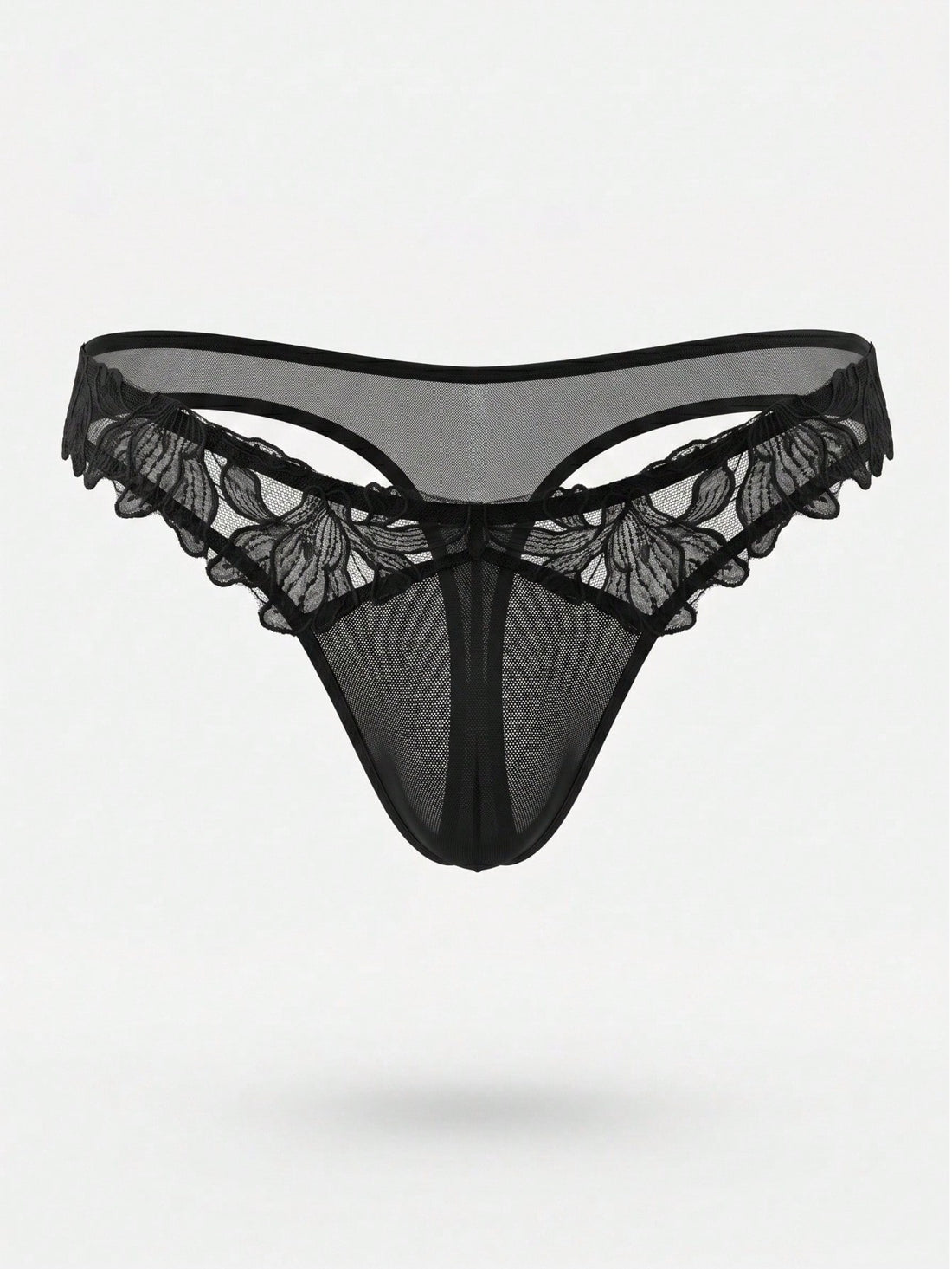 Men's black costume underwear with lace patchwork styling, short length, and regular fit