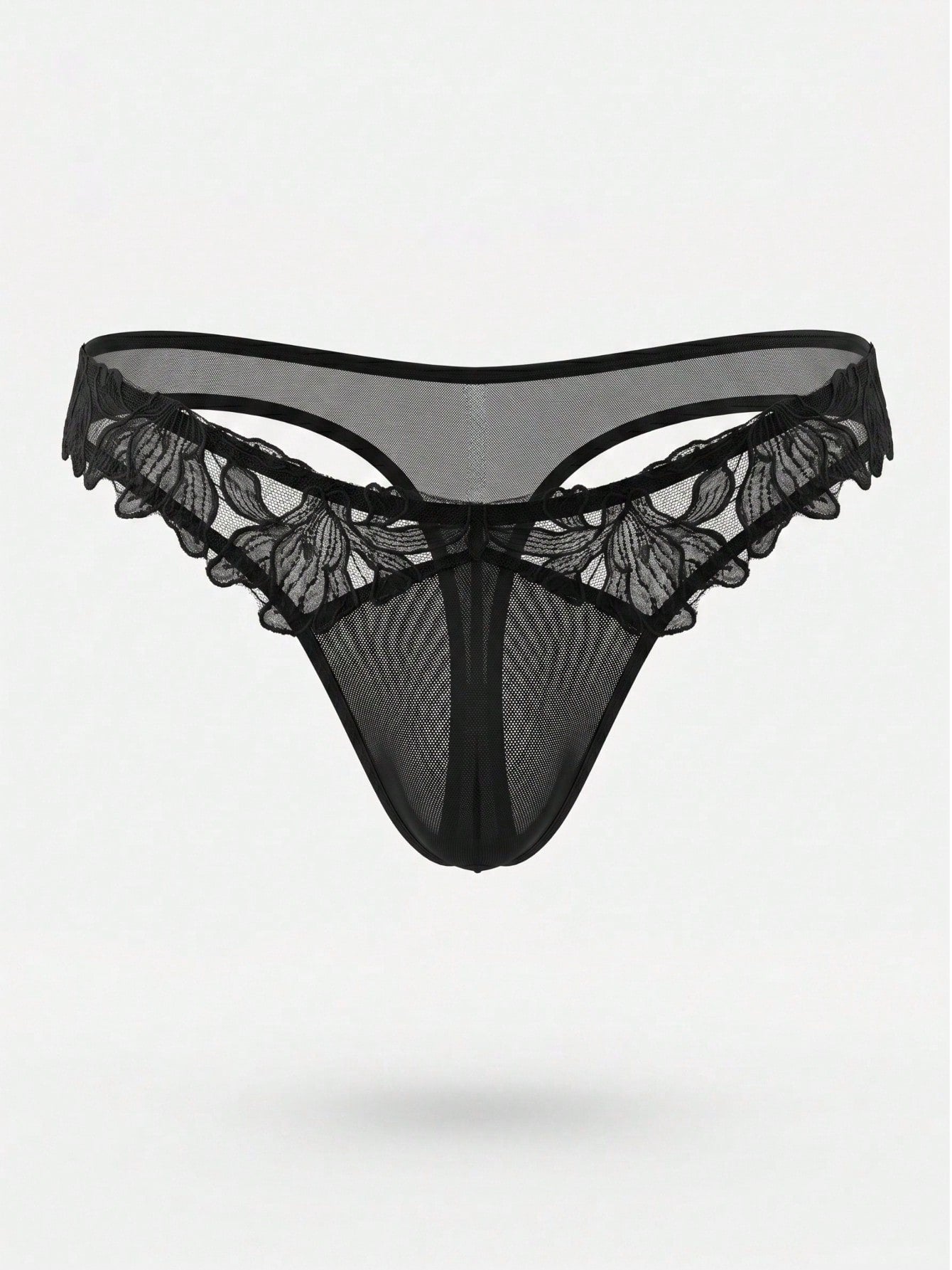 Men's black costume underwear with lace patchwork styling, short length, and regular fit