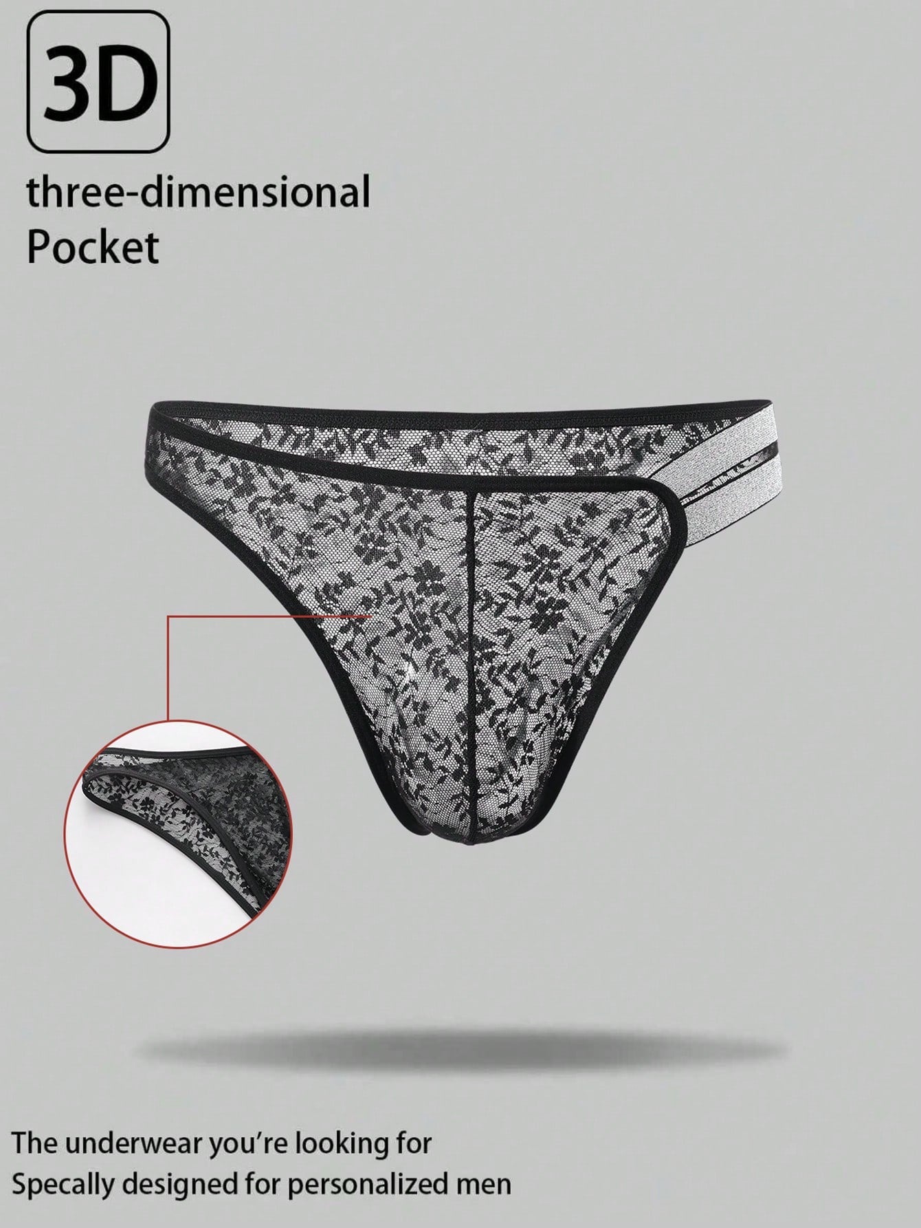 Men's black semi-sheer lace low-rise thong briefs with colorblock styling