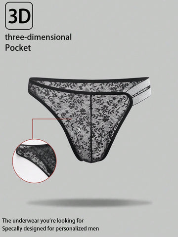 Men's black semi-sheer lace low-rise thong briefs with colorblock styling