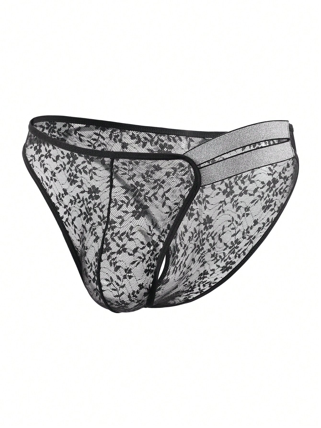 Men's black semi-sheer lace low-rise thong briefs with colorblock styling