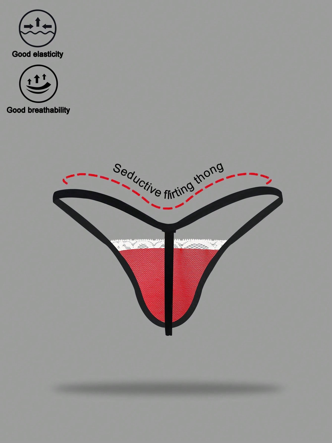 Men's low-rise mesh thong underwear with contrast lace waist, contrast binding, and colorblock design