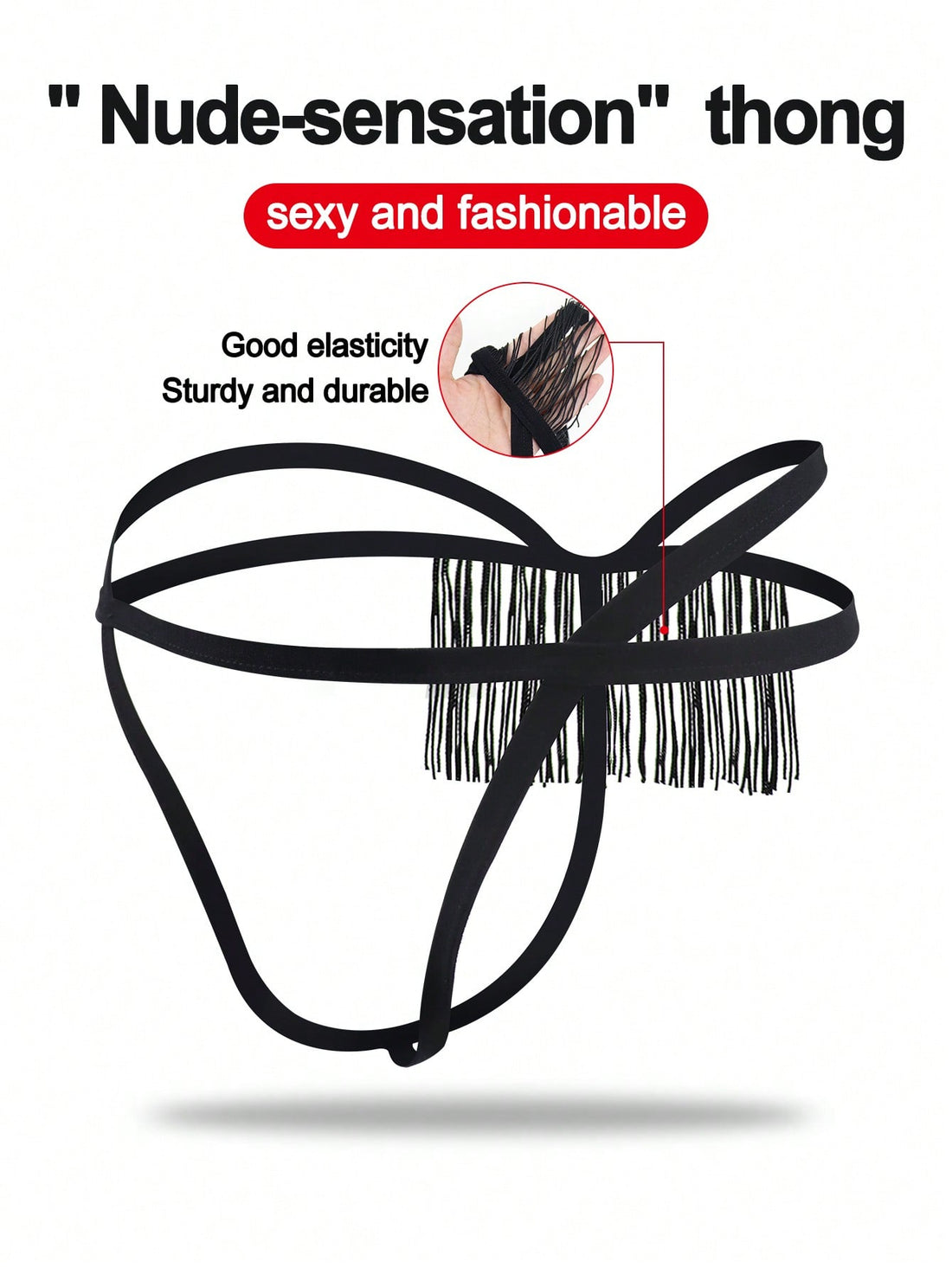 Men's black low-rise thong underwear with fringe detail, plain knitted fabric, and a non-sheer finish