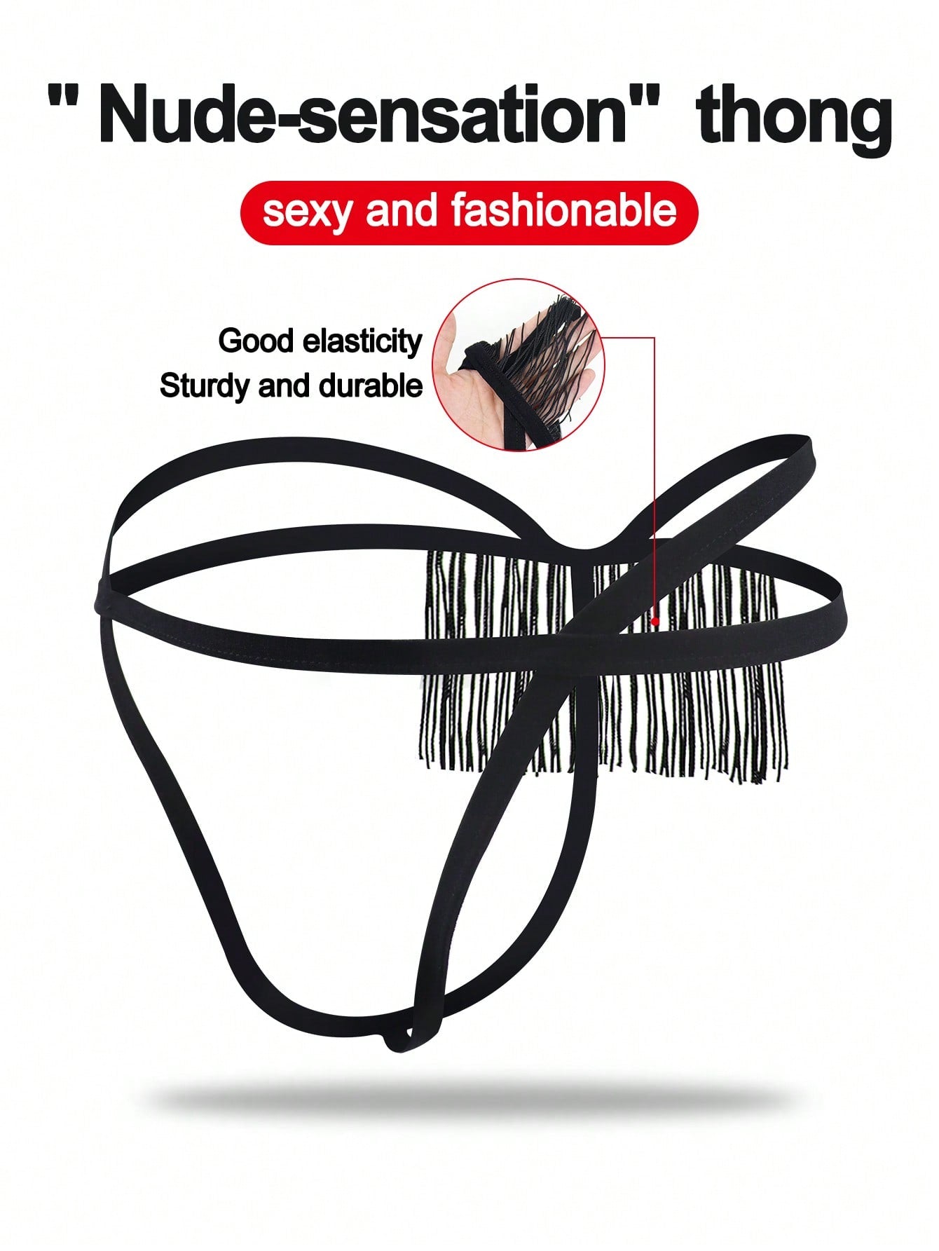 Men's black low-rise thong underwear with fringe detail, plain knitted fabric, and a non-sheer finish