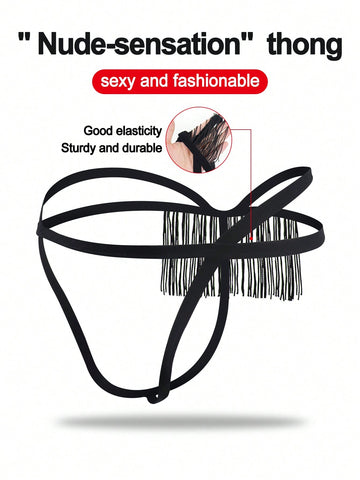 Men's black low-rise thong underwear with fringe detail, plain knitted fabric, and a non-sheer finish