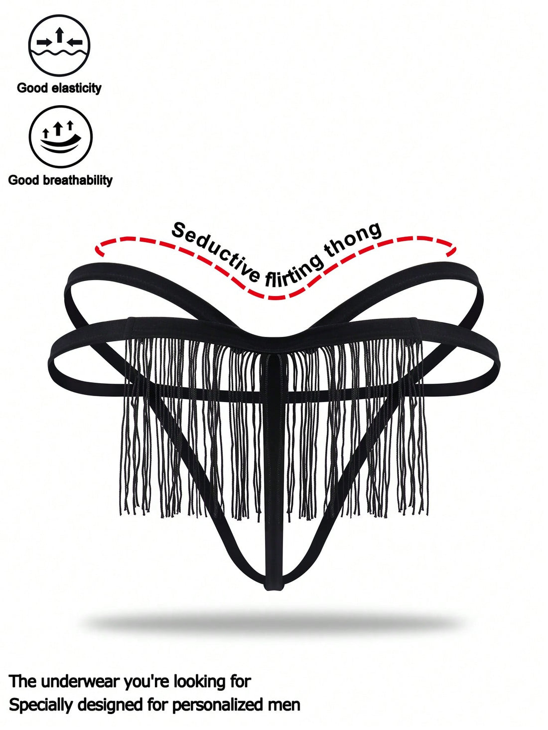 Men's black low-rise thong underwear with fringe detail, plain knitted fabric, and a non-sheer finish