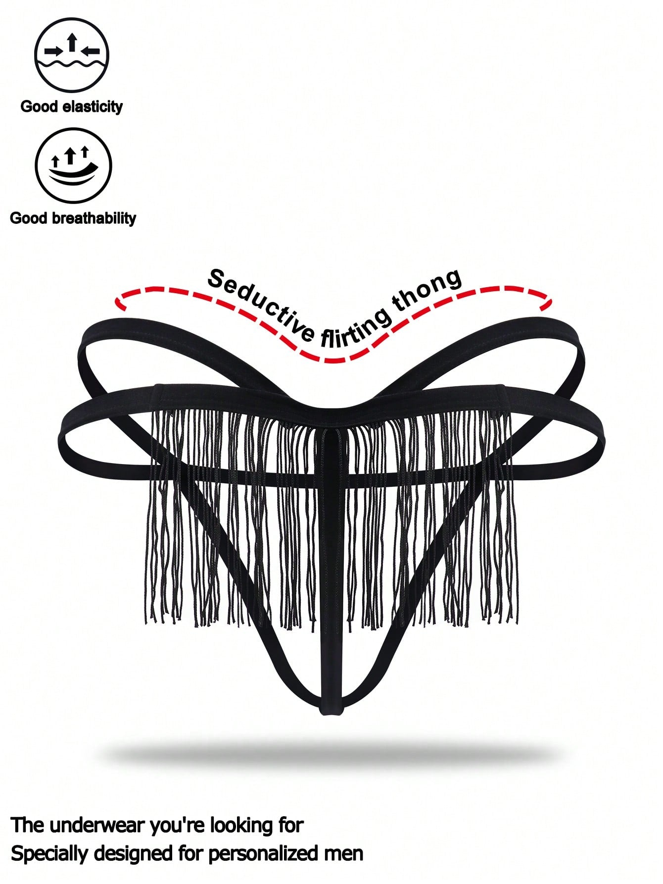 Men's black low-rise thong underwear with fringe detail, plain knitted fabric, and a non-sheer finish