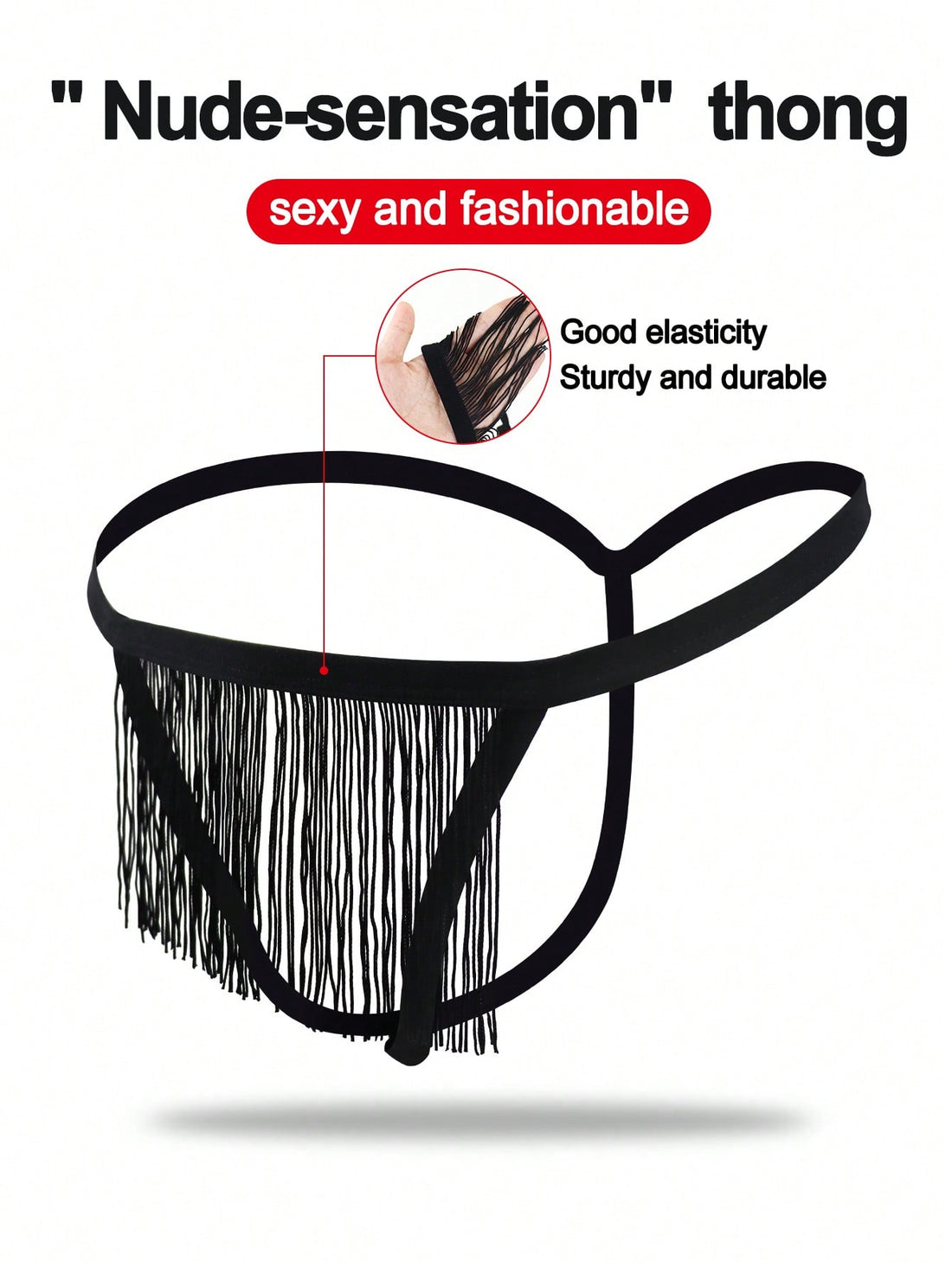 Men's black mid-rise thong underwear with fringe detail, plain design, and medium-stretch knitted fabric.