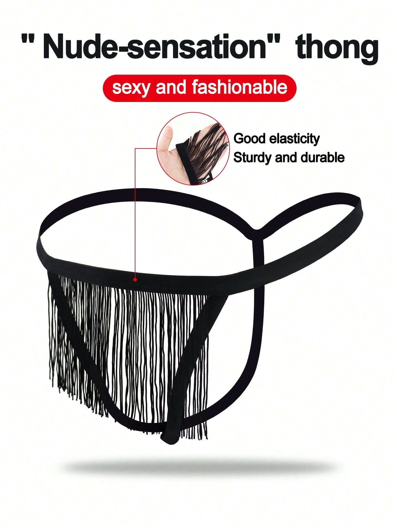Men's black mid-rise thong underwear with fringe detail, plain design, and medium-stretch knitted fabric.