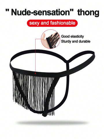 Men's black mid-rise thong underwear with fringe detail, plain design, and medium-stretch knitted fabric.