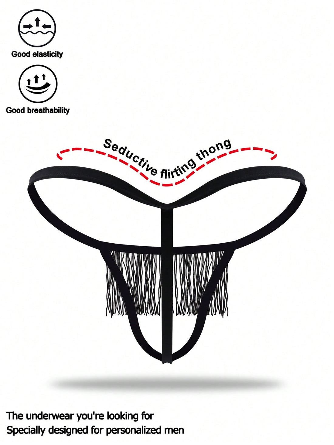Men's black mid-rise thong underwear with fringe detail, plain design, and medium-stretch knitted fabric.