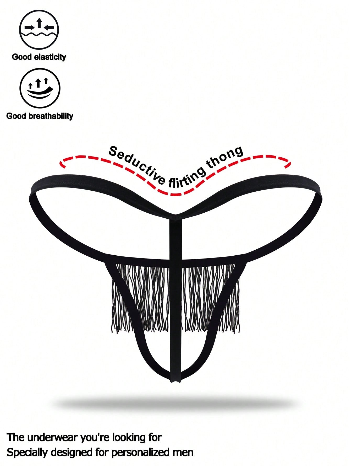 Men's black mid-rise thong underwear with fringe detail, plain design, and medium-stretch knitted fabric.