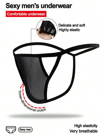 Men's black colorblock mesh mid-rise thong underwear with a non-sheer design