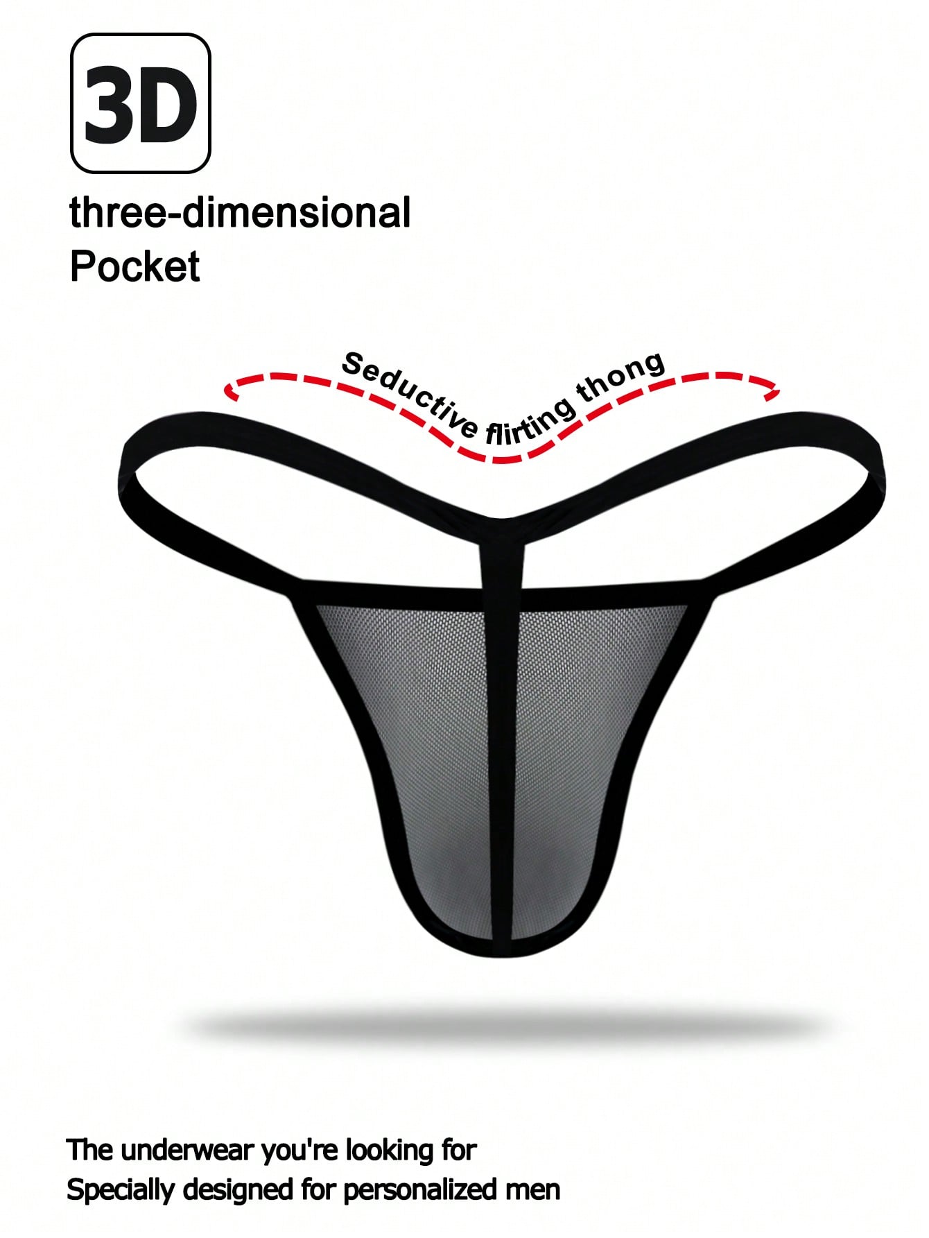 Men's black colorblock mesh mid-rise thong underwear with a non-sheer design