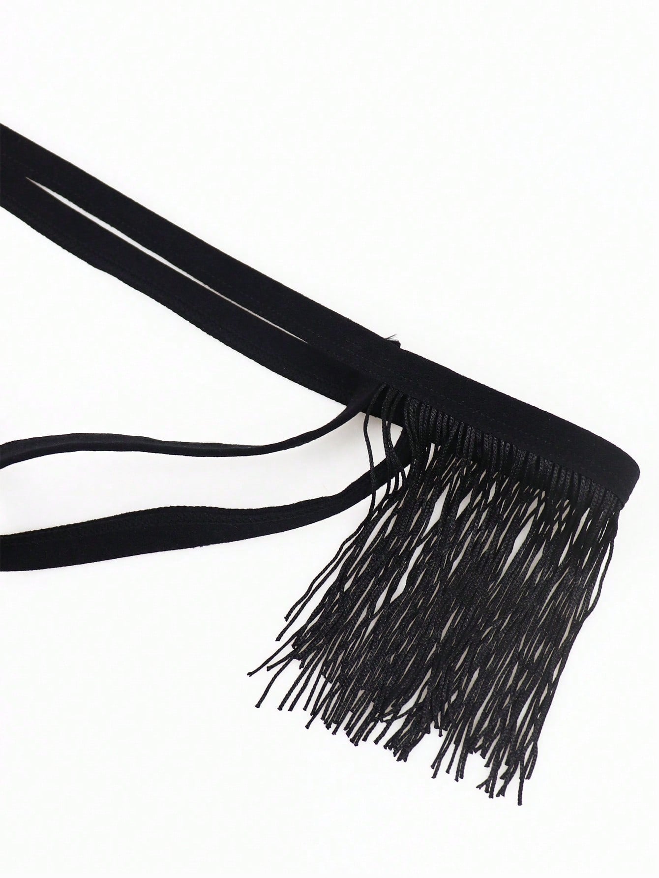 Men's black mid-rise thong underwear with fringe detail, plain design, and medium-stretch knitted fabric.