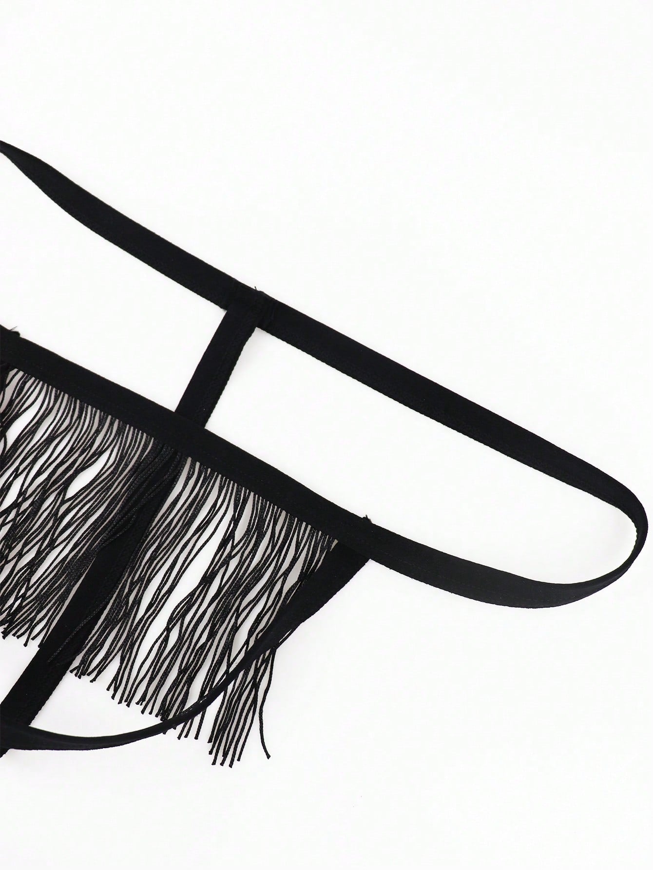 Men's black mid-rise thong underwear with fringe detail, plain design, and medium-stretch knitted fabric.