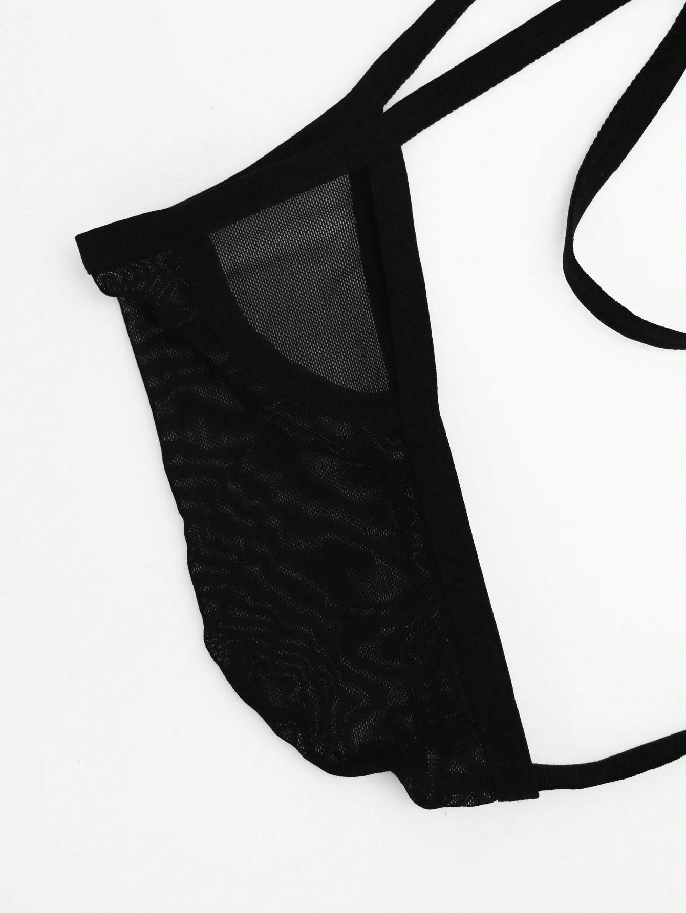 Men's black colorblock mesh mid-rise thong underwear with a non-sheer design
