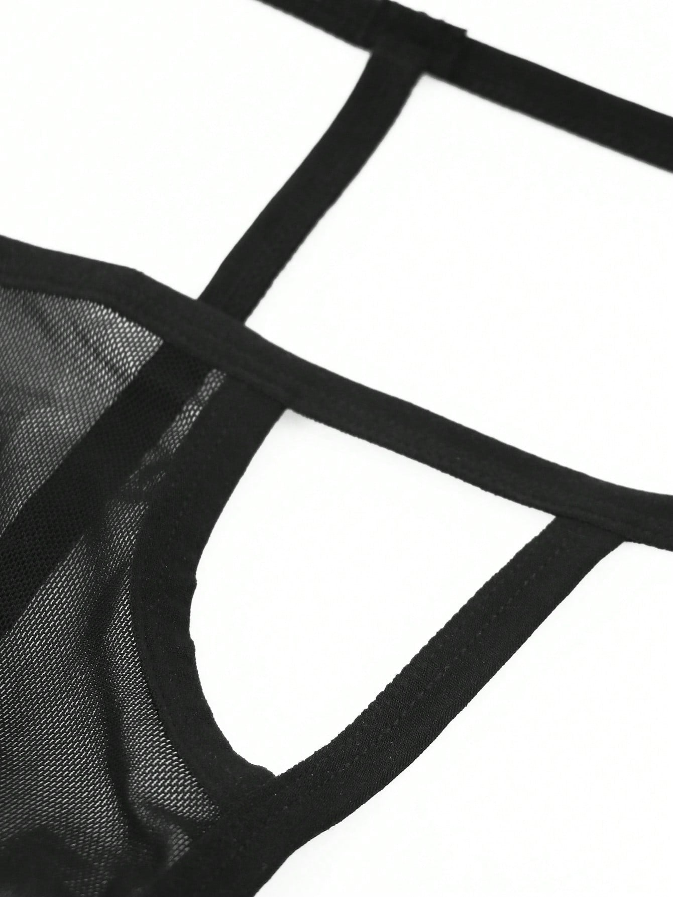 Men's black colorblock mesh mid-rise thong underwear with a non-sheer design
