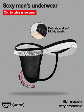 Men's black and white colorblock mid-rise thong made from mesh fabric with lace detailing