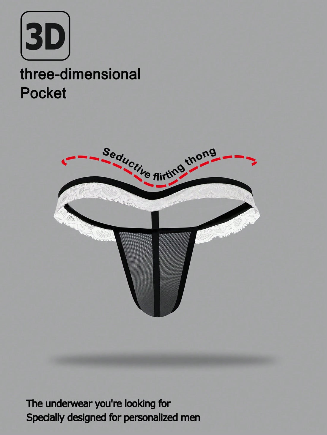 Men's black and white colorblock mid-rise thong made from mesh fabric with lace detailing