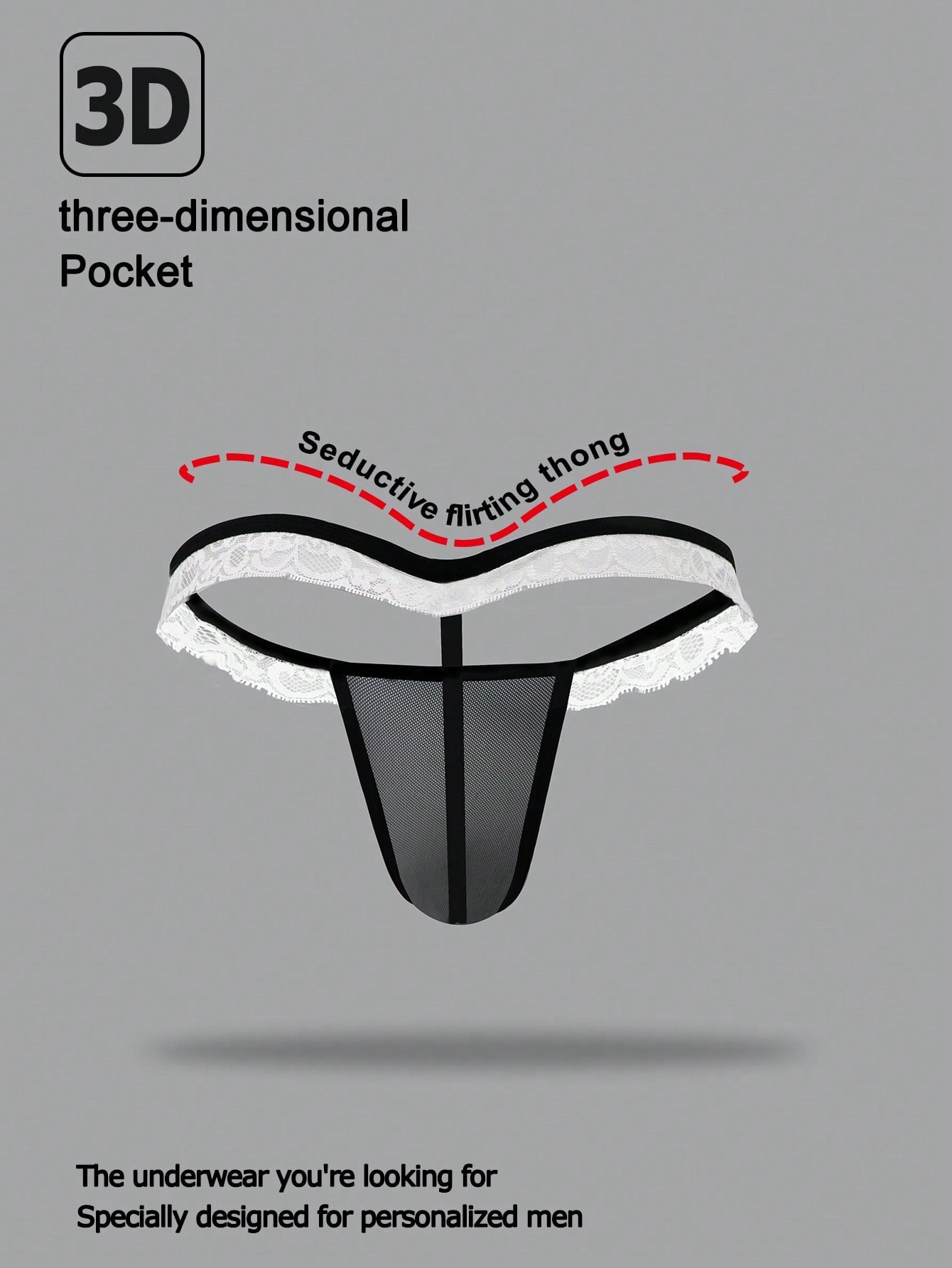 Men's black and white colorblock mid-rise thong made from mesh fabric with lace detailing