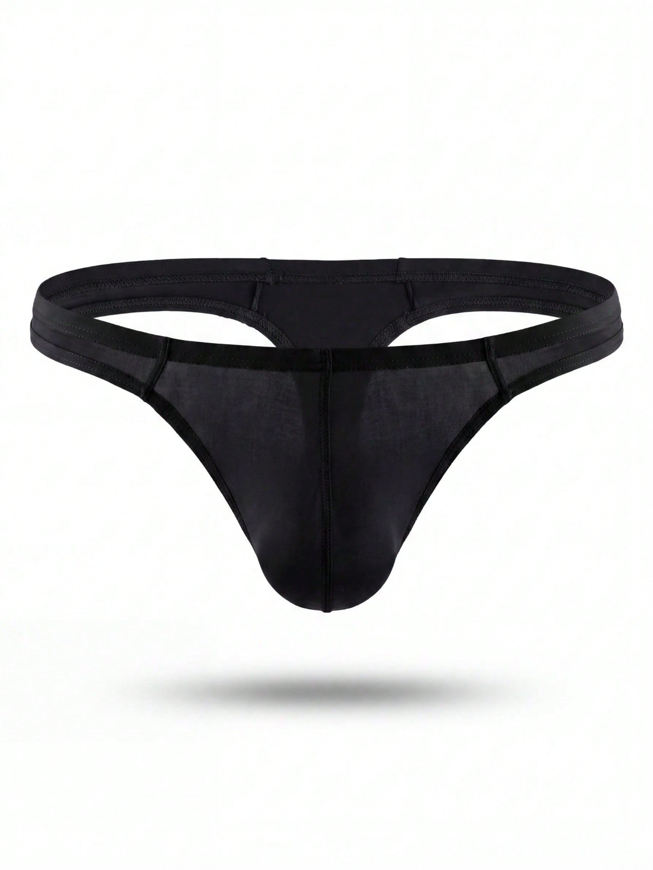 Men's solid color hollow out low-rise thong briefs with a plain design and medium-stretch fabric.