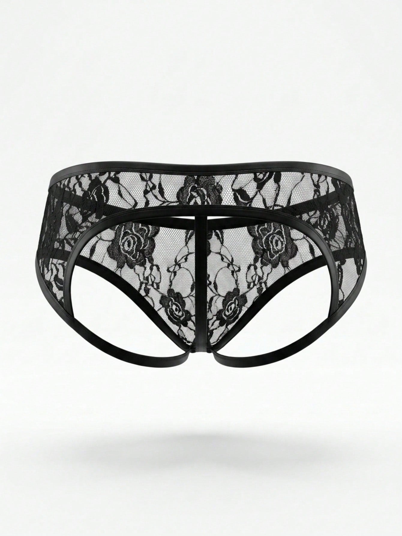 Men's black low-rise thong underwear with contrast rose lace trim and hollow-out back design