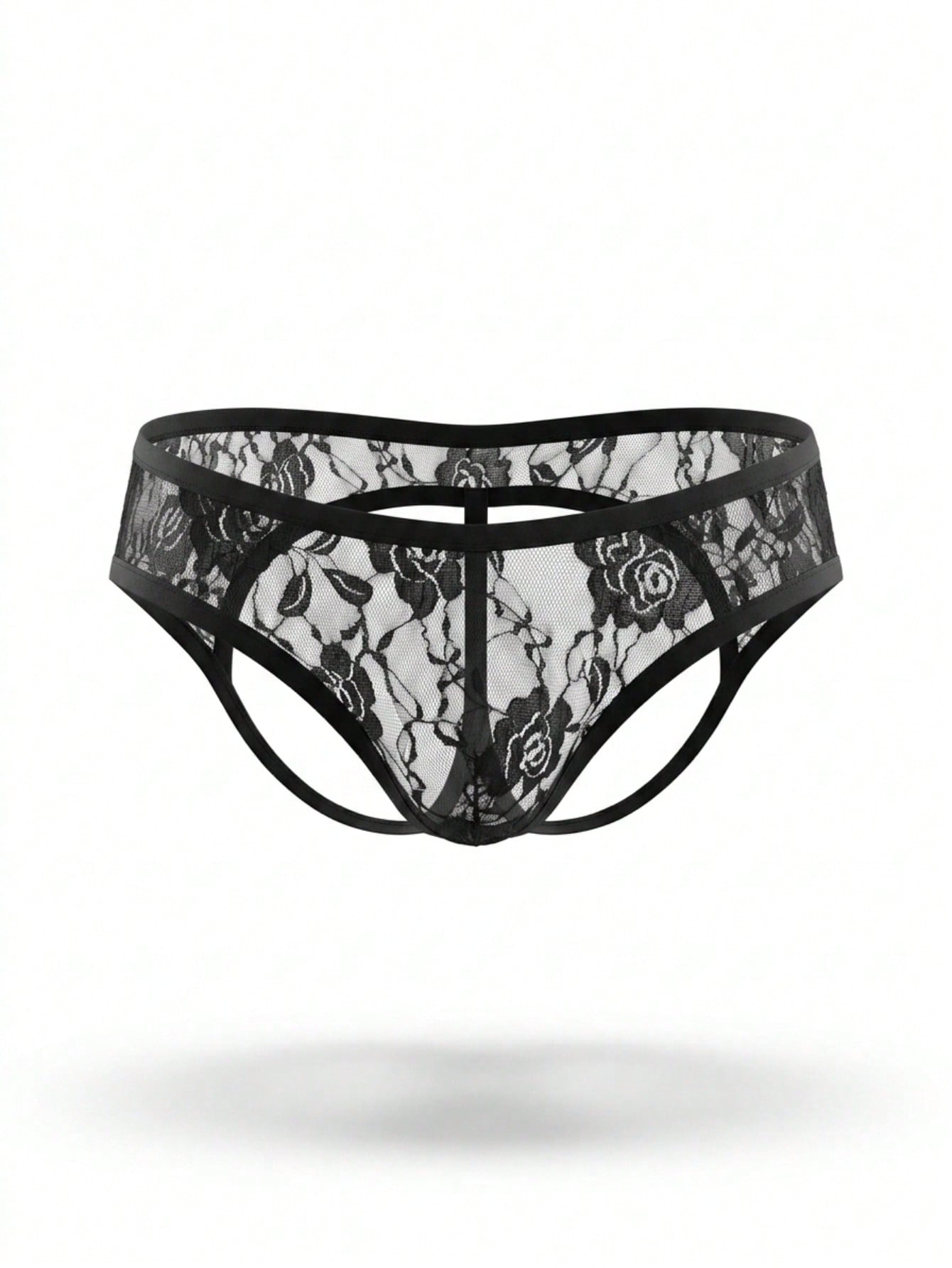Men's black low-rise thong underwear with contrast rose lace trim and hollow-out back design