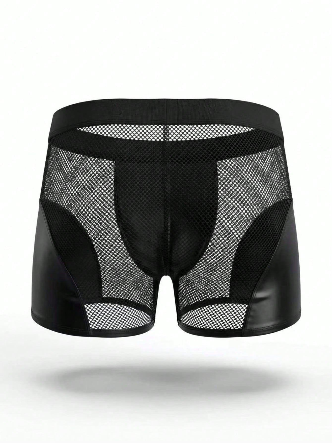 Men's black low rise boxer shorts with mesh fabric, plain pattern, and hollow-out patchwork details