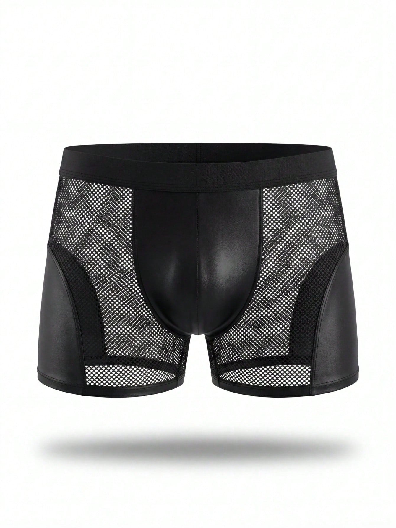 Men's black low rise boxer shorts with mesh fabric, plain pattern, and hollow-out patchwork details