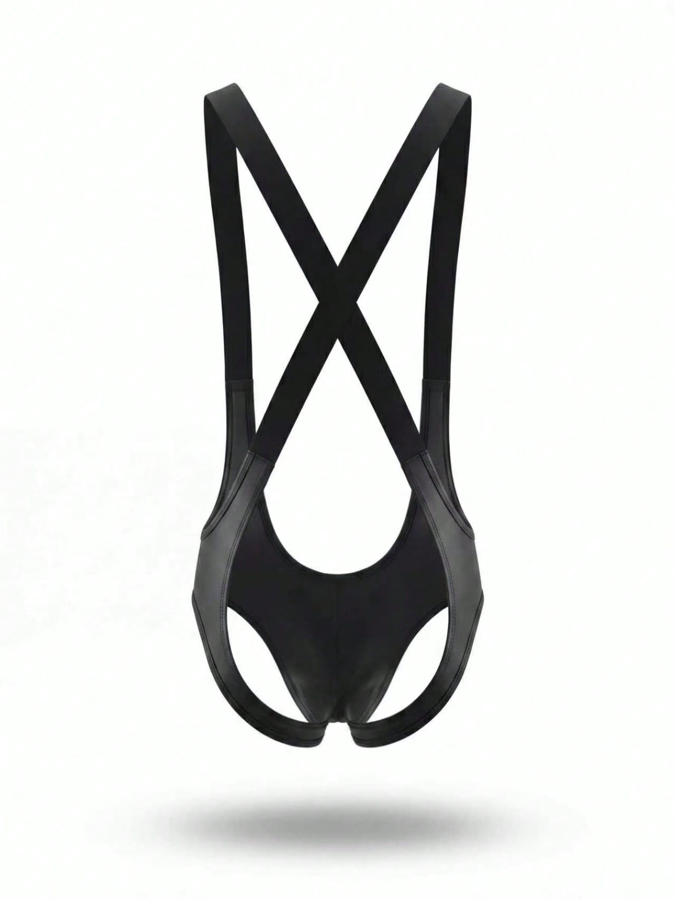 Men's black PU criss-cross backless suspender lingerie with round neckline and low-rise design