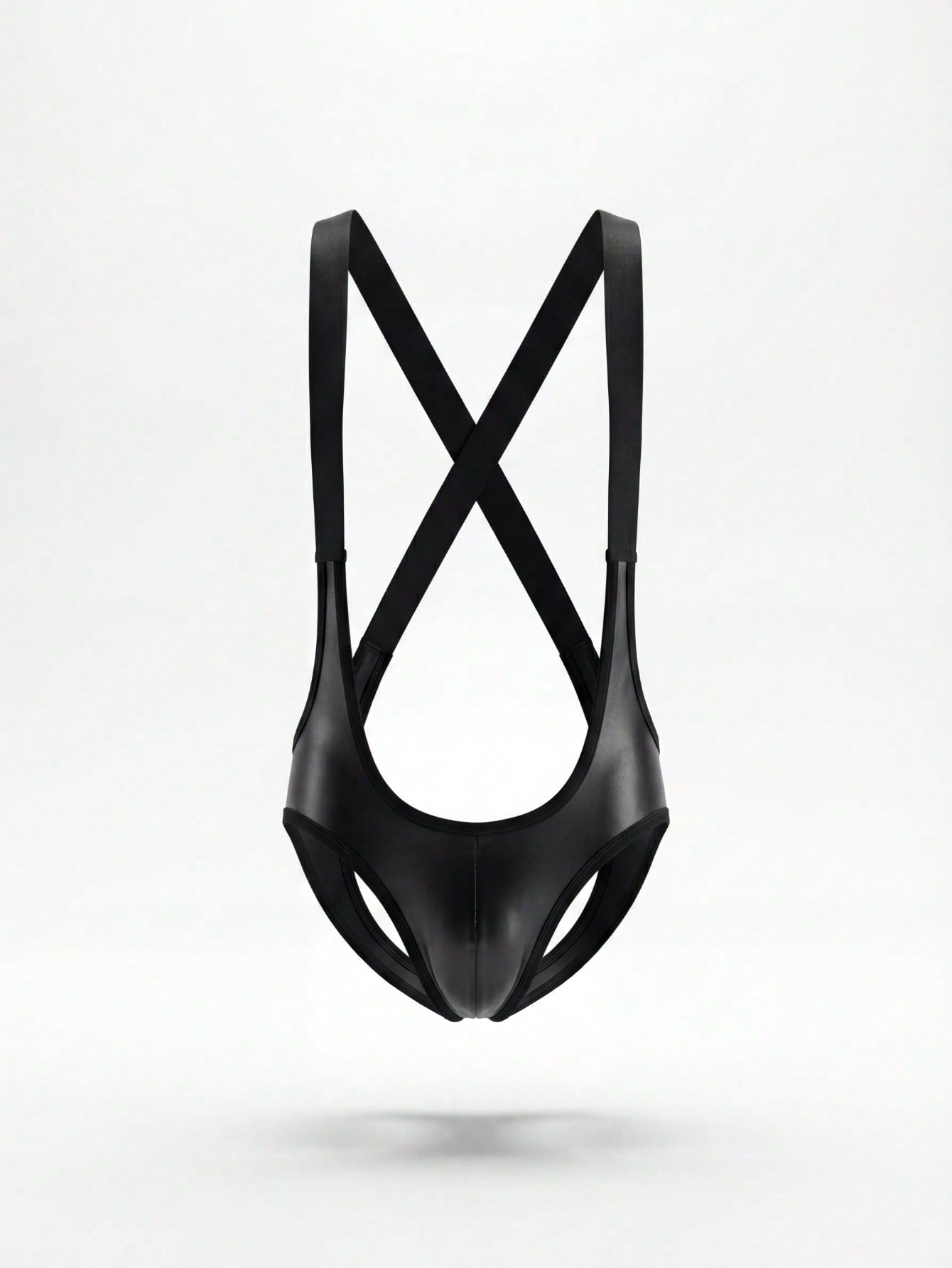 Men's black PU criss-cross backless suspender lingerie with round neckline and low-rise design