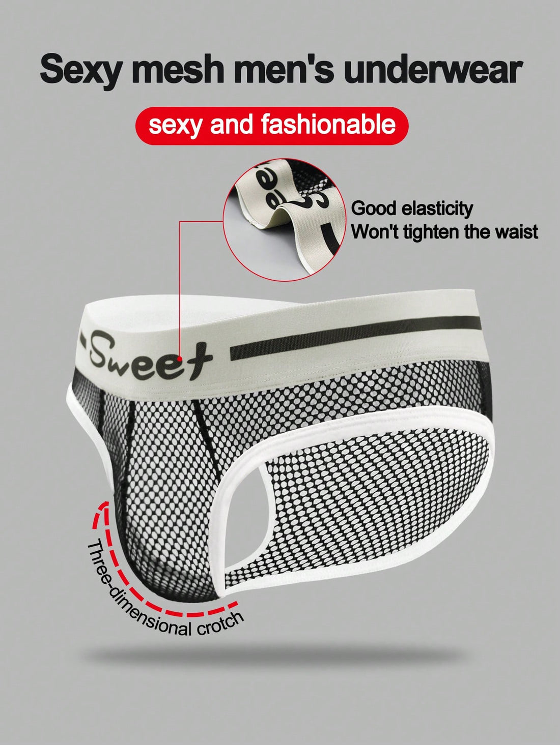Men's contrast letter print mesh briefs with low-rise cut, tape detail, and contrast binding