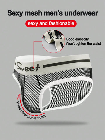 Men's contrast letter print mesh briefs with low-rise cut, tape detail, and contrast binding