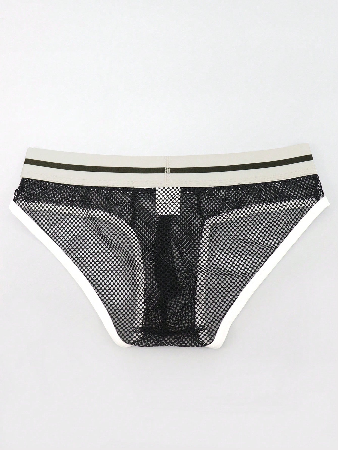 Men's contrast letter print mesh briefs with low-rise cut, tape detail, and contrast binding