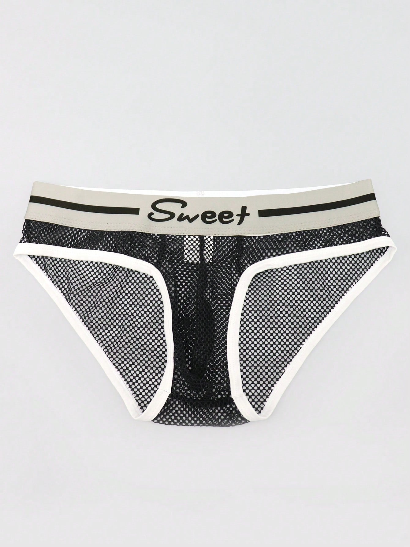 Men's contrast letter print mesh briefs with low-rise cut, tape detail, and contrast binding